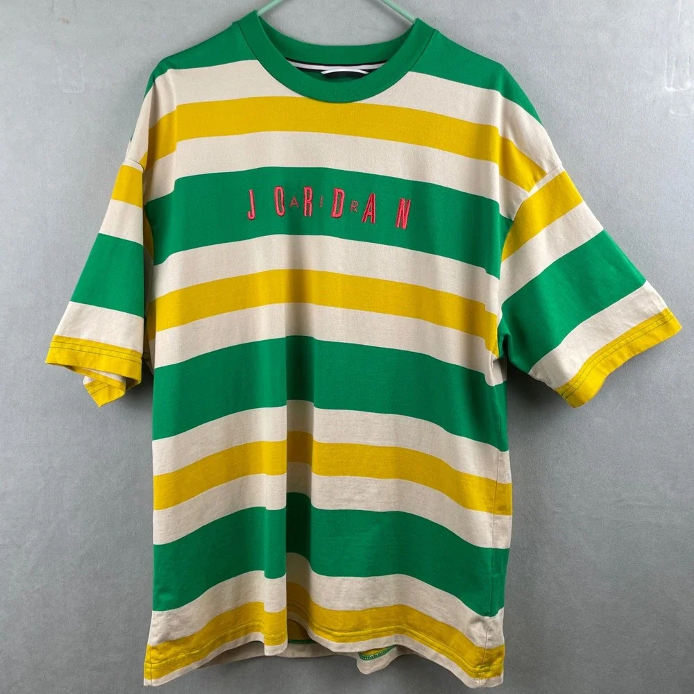 Jordan DNA HBR Striped T Shirt Men L Green Yellow White Embroidered Logo Tee Air